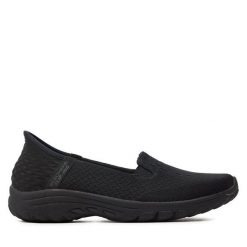 Półbuty Skechers. Czarne półbuty damskie Skechers, bez wzorów, bez obcasa, na płaskiej podeszwie. Za 299.99 zł.