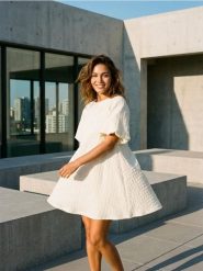 Sukienka mini z bufiastym rękawem - kremowy. Białe sukienki damskie Sinsay, l, bez wzorów, bez kołnierzyka, bez ramiączek, mini. Za 39.99 zł.