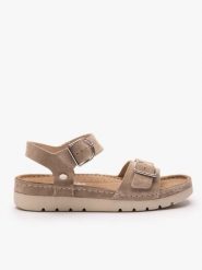 Ciemnobeżowe sandały na grubszym spodzie z dwoma paskami. Brązowe sandały damskie Ryłko, bez wzorów, ze skóry, bez obcasa. Za 399.99 zł.