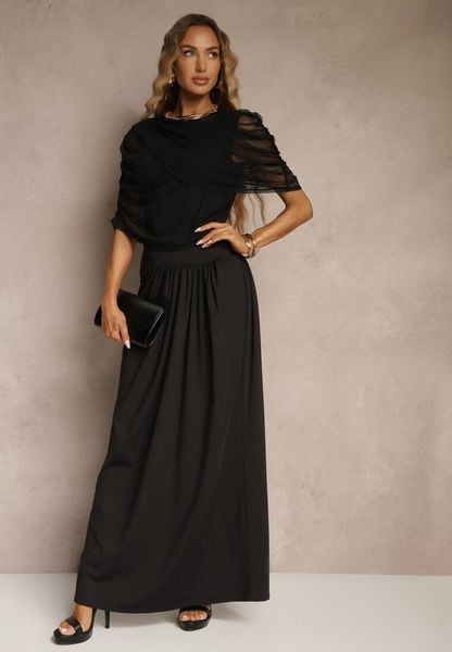 Czarna Marszczona Sukienka o Taliowanym Kroju z Dodatkową Narzutką z Siateczki Milarielis. Czarne sukienki damskie Renee, na co dzień, m, bez wzorów, eleganckie, bez kołnierzyka, bez ramiączek, maxi, kopertowe. Za 169.99 zł.