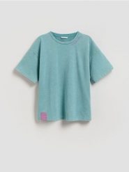 T-shirt z efektem sprania - jasnoturkusowy. Niebieskie koszulki dziewczęce Reserved, bez wzorów, z bawełny, bez ramiączek. Za 39.99 zł.