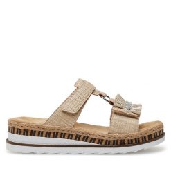 Klapki Rieker. Brązowe klapki damskie Rieker, bez wzorów, bez obcasa. Za 309.99 zł.