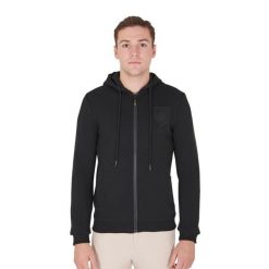 Bluza z kapturem z pełnym zamkiem błyskawicznym Equestro. Niebieskie bluzy sportowe męskie EQUESTRO, z aplikacjami, z bawełny, eleganckie, bez kołnierzyka, bez ramiączek. Za 238.50 zł.