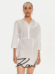 KARL LAGERFELD Sukienka plażowa 240W2205 Biały Regular Fit. Białe sukienki damskie Karl Lagerfeld, na plażę, xs, bez wzorów, z bawełny, bez kołnierzyka, bez ramiączek. Za 519.99 zł.