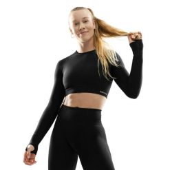 Damska bezszwowa sportowa koszulka crop top z długim rękawem Fitness Siroko Te. Czarne bluzki sportowe damskie SIROKO, l, bez wzorów, z materiału, bez ramiączek. Za 127.00 zł.