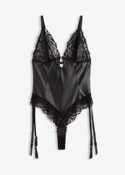Body z efektem wetlook ze zdejmowanymi ramiączkami typu halter. Czarne body damskie bonprix, bez wzorów. Za 112.99 zł.