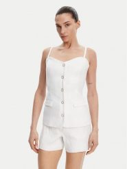 Guess Top W5GH0L WH5L2 Biały Regular Fit. Białe topy damskie Guess, l, z aplikacjami, ze lnu, bez kołnierzyka. Za 299.99 zł.