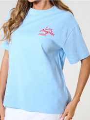 Bawełniana koszulka z nadrukiem wakacyjnym Los Angeles - niebieski. Niebieskie t-shirty damskie Sinsay, l, bez wzorów, z bawełny, bez kołnierzyka. Za 22.99 zł.