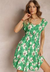 Zielona Rozkloszowana Sukienka Bawełniana w Kwiaty Maller. Zielone sukienki damskie Renee, na lato, l, bez wzorów, z bawełny, bez kołnierzyka, bez ramiączek, mini, rozkloszowane. W wyprzedaży za 39.99 zł.