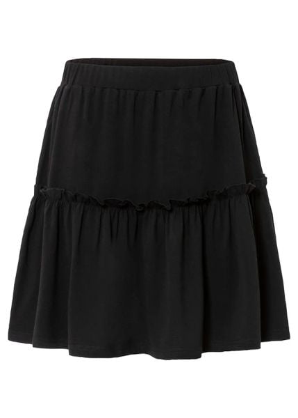 Spódnica dżersejowa z falbaną z mieszanki wiskozy. Czarne spódniczki damskie bonprix, bez wzorów, z dżerseju, mini. Za 62.99 zł.