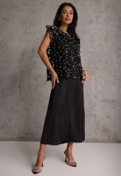 Czarna Bawełniano-Wiskozowa Sukienka Slip Dress z Ozdobną Narzutką Sagossia. Czarne sukienki damskie Renee, l, z aplikacjami, z bawełny, bez kołnierzyka, bez ramiączek, maxi. Za 249.99 zł.