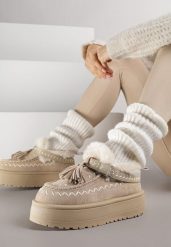 Beżowe Śniegowce na Grubej Podeszwie z Frędzlami i Haftem Linodis. Brązowe śniegowce damskie Born2be, z jeansu. Za 119.99 zł.