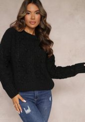 Czarny Grubo Pleciony Sweter z Wełną i Bawełną Bavime. Czarne swetry klasyczne damskie Renee, l, z bawełny, bez kołnierzyka. Za 84.99 zł.