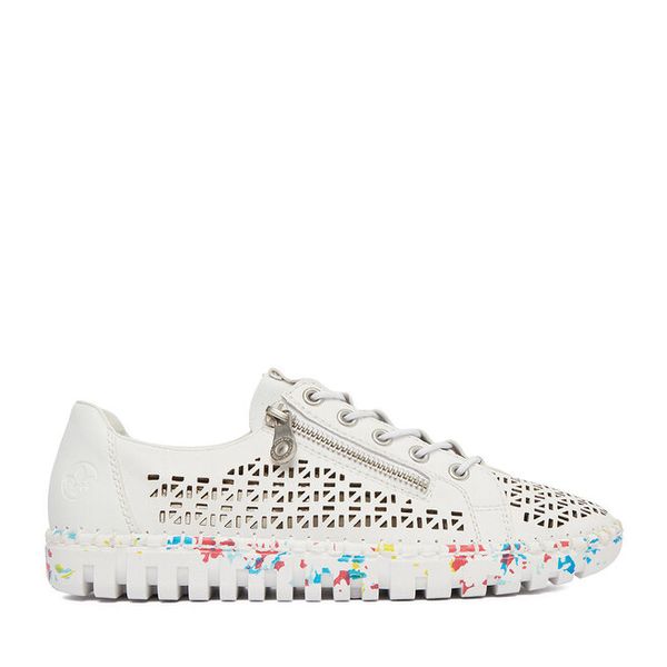 Półbuty Rieker. Białe półbuty damskie Rieker, bez wzorów, bez obcasa, na płaskiej podeszwie. Za 379.99 zł.