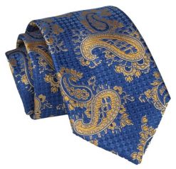 Krawat - ALTIES - Niebieski, Złote Paisley. Niebieskie krawaty i muchy męskie Alties, bez wzorów, z tkaniny, eleganckie. Za 49.00 zł.