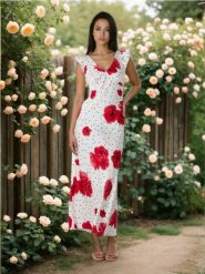 Sukienka midi w grochy z motywem maków - wielobarwny. Sukienki damskie Sinsay, l, bez wzorów, bez kołnierzyka, bez ramiączek, midi. Za 59.99 zł.