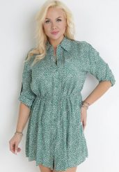 Zielona Koszulowa Sukienka Mini z Materiałowym Paskiem i Podpinanymi Rękawami Eleandia. Zielone sukienki damskie Born2be, na lato, l, bez wzorów, z materiału, bez kołnierzyka, plus size, bez ramiączek, mini, koszulowe. W wyprzedaży za 63.99 zł.
