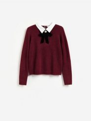 Sweter z ozdobnym kołnierzem - bordowy. Czerwone swetry klasyczne damskie Reserved, l, z dzianiny, bez kołnierzyka. Za 139.99 zł.