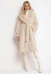 Beżowy Futerkowy Płaszcz z Szerokim Kołnierzem i Mankietami z Wiązanym Paskiem Viaruna. Brązowe płaszcze damskie Born2be, l, bez wzorów, z dzianiny, eleganckie. Za 349.99 zł.