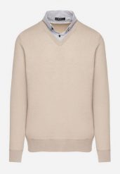 Beżowy Sweter z Wełną i Koszulowym Kołnierzykiem Espirra. Brązowe swetry męskie Born2be, l, bez wzorów, z wełny, bez kołnierzyka. Za 59.99 zł.