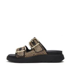 Klapki na koturnie z klamrą damskie FitFlop Gen-FF. Czarne klapki damskie FIT FLOP, bez wzorów, z materiału, bez obcasa, na koturnie. Za 718.20 zł.