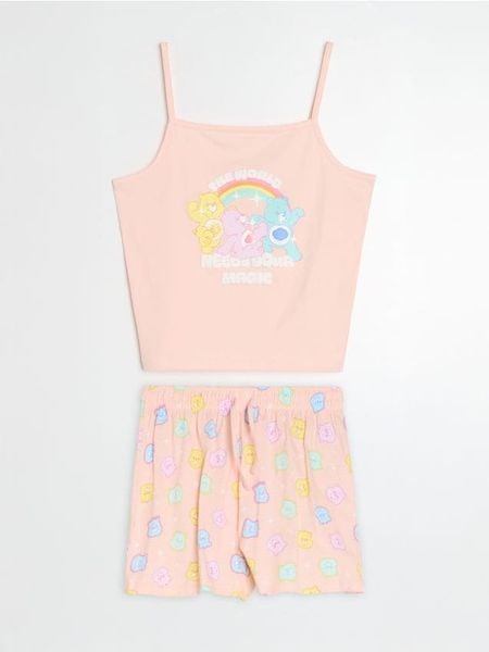 Bawełniana piżama dwuczęściowa z nadrukiem Care Bears - pomarańczowy. Brązowe piżamy damskie Sinsay, l, bez wzorów, z bawełny, bez ramiączek. Za 39.99 zł.