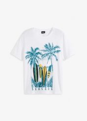 T-shirt z bawełny organicznej. Białe t-shirty męskie bonprix, na lato, m, bez wzorów, z bawełny, bez kołnierzyka. Za 52.99 zł.