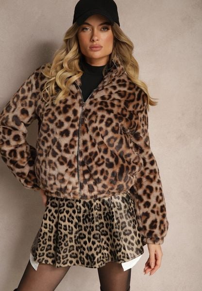 Brązowa Futrzana Kurtka Bomberka ze Stójką w Panterkowy Wzór Vialista. Brązowe kurtki damskie Renee, m, bez wzorów, z futra, bez kaptura. Za 169.99 zł.