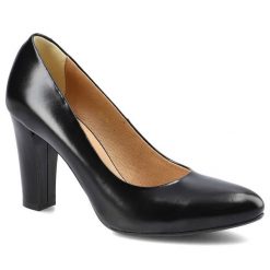 Czółenka damskie Espirito, ze skóry naturalnej licowej na wysokim obcasie z gładką cholewką i zaokrąglonym noskiem, czarne, C588-99. Czarne czółenka damskie Espirito, bez wzorów, ze skóry, bez obcasa, na obcasie. Za 265.00 zł.