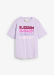 Koszulka oversize o pudełkowym fasonie z bawełny organicznej. Fioletowe bluzki damskie bonprix, bez wzorów, z bawełny, bez kołnierzyka, bez ramiączek. Za 52.99 zł.