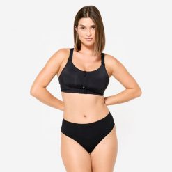 Stanik sportowy dla kobiet po mastektomii Jog kokoon+ (wyrób medyczny). Czarne biustonosze sportowe damskie Decathlon, bez wzorów, z materiału. Za 149.99 zł.