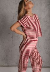 Beżowo-Czerwony Komplet z Dzianiny w Paski z Bawełną Bluzka z Krótkim Rękawem i Spodnie Akiseithe. Brązowe spodnie materiałowe damskie Renee, bez wzorów, z bawełny, casualowe. Za 179.99 zł.