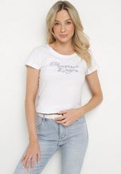 Biały T-shirt z Bawełny z Ozdobnym Napisem Asemi. Białe t-shirty damskie Born2be, l, bez wzorów, z bawełny, bez kołnierzyka. Za 29.99 zł.