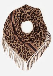 Ciemnobrązowy Wiskozowy Szalik w Panterkę Wykończony Frędzlami Alefera. Brązowe szaliki i kominy damskie Renee, bez wzorów, z jeansu. Za 39.99 zł.