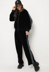 Czarny Welurowy Komplet Dresowy z Ozdobnym Lampasem Bluza ze Stójką i Proste Spodnie Seralina. Czarne bluzy bez kaptura damskie Born2be, l, z dresówki. Za 109.99 zł.