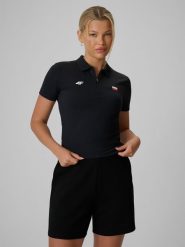 4F Koszulka kibica polo damska - czarna XS. Czarne bluzki damskie 4f, xs, bez wzorów, z materiału, bez kołnierzyka, bez ramiączek. Za 99.99 zł.