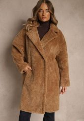 Brązowy Płaszcz Teddy o Dwurzędowym Kroju Oversize Azzena. Brązowe płaszcze damskie Renee, l, bez wzorów, z jeansu. Za 299.99 zł.