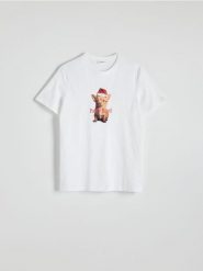 T-shirt z motywem świątecznym - biały. Białe t-shirty męskie Reserved, l, bez wzorów, z bawełny, bez kołnierzyka. W wyprzedaży za 19.99 zł.