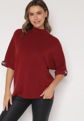 Bordowy Sweter Ozdobiony na Rękawach Cyrkoniami Aletusa. Czerwone swetry klasyczne damskie Born2be, z jeansu, bez kołnierzyka. Za 99.99 zł.