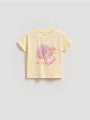 T-shirt z nadrukiem - jasnożółty. Żółte koszulki dziewczęce Reserved, m, bez wzorów, z bawełny, bez ramiączek. Za 22.99 zł.