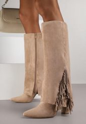 Ciemnobeżowe Kozaki na Słupku z Wywiniętą Cholewką z Frędzlami Linadela. Brązowe kozaki damskie Born2be, z jeansu, bez obcasa, na obcasie. Za 169.99 zł.