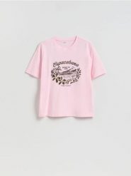 T-shirt z nadrukiem - pastelowy róż. Czerwone t-shirty damskie Reserved, l, bez wzorów, z bawełny, bez kołnierzyka. Za 69.99 zł.