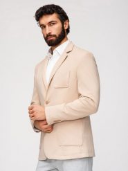 Męska slimowana marynarka SLIM z dzianiny o subtelnej strukturze – beżowa V5 - Rozmiar: XL. Brązowe marynarki męskie Ombre Clothing, bez wzorów, z bawełny. W wyprzedaży za 265.99 zł.