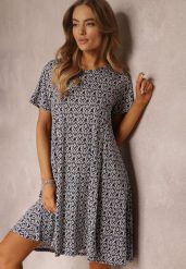 Granatowa Sukienka Mini z Krótkimi Rękawami i Wzorem w Kwiaty Cassatha. Niebieskie sukienki damskie Renee, na lato, l, bez wzorów, bez kołnierzyka, bez ramiączek, mini, rozkloszowane. W wyprzedaży za 45.49 zł.
