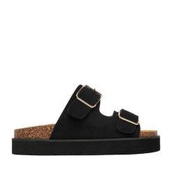 Klapki DeeZee. Czarne klapki damskie DeeZee, bez wzorów, bez obcasa. Za 129.99 zł.