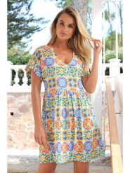 Bleu d'Azur Sukienka "Capri" w kolorze błękitno-żółtym rozmiar: 40/42. Niebieskie sukienki damskie Bleu d'Azur, w ażurowe wzory, bez kołnierzyka, bez ramiączek, midi. Za 100.75 zł.