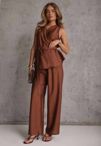 Brązowy Wiskozowy Komplet na Lato Wiązana Kopertowa Bluzka i Spodnie Wide Leg Godalle. Brązowe spodnie materiałowe damskie Renee, bez wzorów, z tkaniny, eleganckie. Za 99.99 zł.