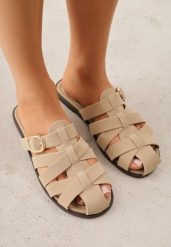 Beżowe Klapki Gladiatorki z Ozdobną Sprzączką Lusanatia. Brązowe klapki damskie Renee, bez wzorów, bez obcasa, na płaskiej podeszwie. Za 79.99 zł.