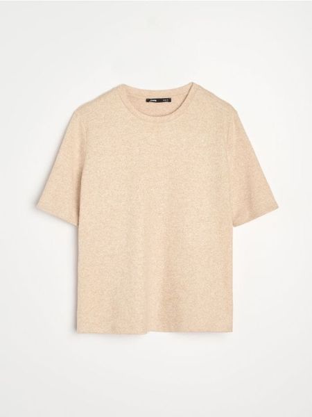 Melanżowa koszulka z domieszką wiskozy - beżowy. Brązowe t-shirty damskie Sinsay, l, bez wzorów, z wiskozy, bez kołnierzyka. Za 35.99 zł.