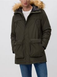 Kurtka parka z kapturem - ciemnozielony. Zielone kurtki męskie Reserved, l, bez wzorów, z tkaniny, z kapturem. Za 399.99 zł.
